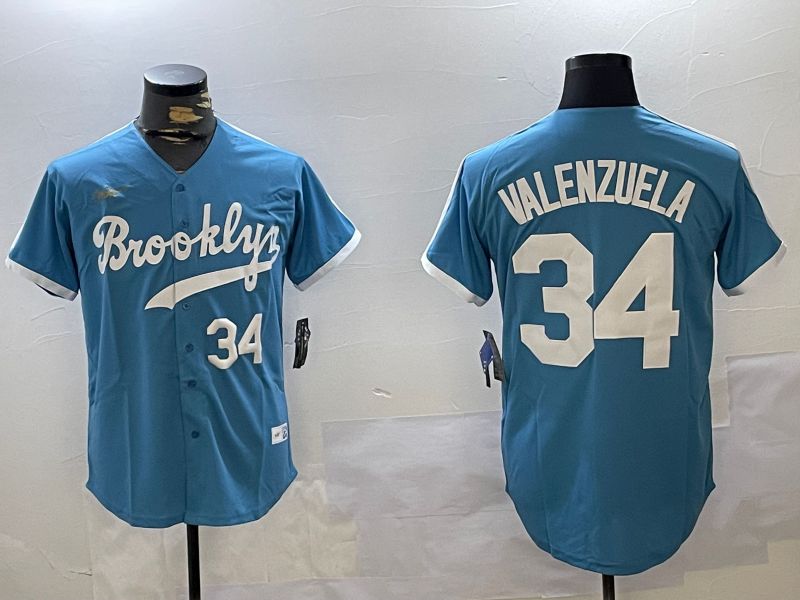 Men Los Angeles Dodgers #34 Valenzuela Light Blue Game 2024 Nike MLB Jersey style 10293